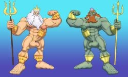 5_toes abs absurd_res accessory armband beard big_penis cock_ring disney duo facial_hair feet flexing flexing_bicep genitals hair hi_res human humanoid humanoid_feet jewelry king_neptune_(spongebob) king_triton_(disney) legband male male/male mammal marine mature_male melee_weapon merfolk muscular muscular_male nipples pecs penis penis_accessory penis_jewelry plantigrade polearm split_form the_little_mermaid_(1989) timreet toes trident weapon