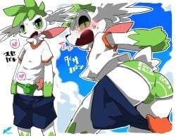 2022 anthro ass black_nose blush blush_lines bodily_fluids border bottomwear bottomwear_down bottomwear_pull bulge clothed clothing clothing_pull cloud cute_fangs detailed_background fangs flower_(anatomy) fur generation_4_pokemon green_body green_clothing green_fur green_hair green_paws green_underwear hair heart_symbol legendary_pokemon looking_at_viewer looking_back looking_down male moesouna_gomi mostly_offscreen_character multicolored_body multicolored_fur neck_tuft nintendo open_mouth orange_hands pants pants_down pants_pull partially_clothed pokemon pokemon_(species) shaymin shirt short_tail sky sky_forme_shaymin skyscape solo standing sweat tail teeth topwear tuft underwear white_body white_border white_clothing white_fur white_shirt white_topwear