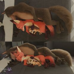 3_toes 3d_(artwork) 4_fingers absurd_res adult_(lore) animal_genitalia anthro barefoot bed bedroom big_ears black_nose blender_(artwork) brown_body brown_fur canid canine canis claws closed_eyes countershading digital_media_(artwork) disney ears_down english_text eyebrows feet feet_crossed fennec_fox fingers finnick_(zootopia) fluffy fluffy_tail fox fur furniture genitals gloves_(marking) group hand_on_head handpaw hi_res holding_finger lying male male/male mammal markings multiple_angles nick_wilde nude on_model on_side orange_body orange_fur overhead_view pawpads paws penis penis_tip pivoted_ears rasterraccoon red_fox retracted_sheath sheath short_male size_difference sleeping smile spooning tail tan_body tender text toes trio true_fox watermark wolf zootopia
