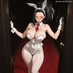1girl ai_generated animal_ears bare_shoulders black_eyes black_hair blush breasts cameltoe cleavage closed_mouth collarbone covered_navel detached_collar fake_animal_ears fake_tail feet_out_of_frame female gloves hi_res highleg highleg_leotard large_breasts leotard lipstick long_hair looking_to_the_side momo_yaoyorozu my_hero_academia pantyhose patreon patreon_username playboy_bunny ponytail rabbit_ears rabbit_tail red_lips red_necktie short_necktie smile solo standing strapless strapless_leotard tail thighs velurieve web_address white_gloves white_hairband white_leotard white_pantyhose wrist_cuffs