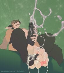 anthro balls big_balls big_penis black_body black_penis blushing_yokai bodily_fluids canid canine closed_eyes cum cum_on_feet cum_on_penis cumshot ejaculation feet genital_fluids genitals green_background humanoid_genitalia humanoid_penis male mammal masturbation nude_anthro nude_male open_mouth orgasm orgasm_face pawpads paws penile penile_masturbation penis sharp_teeth simple_background solo tan_body teeth thick_penis
