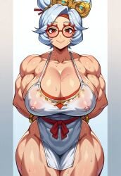 1girls ai_generated apron big_breasts black_skirt breasts civitai cleavage cleavage_cutout clouds collarbone exposed_shoulders female glasses gown hair_bun hair_ornament highres large_breasts light-skinned_female mature_female milf muscle_mommy muscular muscular_female nintendo purah purah_(tears_of_the_kingdom) red_eyes red_glasses sheikah short_hair simple_background single_bun skin_tight smile solo tears_of_the_kingdom the_legend_of_zelda tight_clothing white_hair