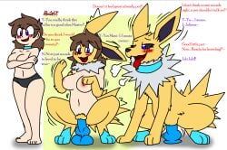 2024 areola artist_logo artist_name black_sclera blue_eyes blue_markings blush breasts breath brown_hair clothed clothing colored covering covering_breasts crouching dialogue digitigrade dildo dildo_insertion ear_growth eeveelution english_text female fur generation_1_pokemon growth hair handpaw hi_res human human_to_feral human_to_pokemon jolteon leg_markings logo looking_pleasured mammal markings motion_lines navel nintendo nipples open_mouth open_smile panties panties_only paws pokemon pokemon_(species) pomiart sammy_(pomiart) sex_toy sex_toy_insertion smile socks_(marking) solo species_transformation spread_legs spreading standing text tongue tongue_out topless transformation underwear underwear_only white_body white_fur yellow_body yellow_fur