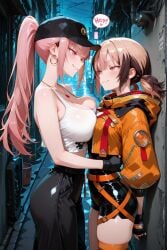 2girls ai_generated arbitrary breast_press clothed_female female gigi_murin hololive hololive_english hololive_english_-justice- hololive_myth lesbian mori_calliope pink_eyes pink_hair short_twintails two_tone_hair yuri