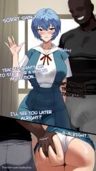 1boy 1girls abs ai_generated ass ass ayanami_rei bare_breasts bare_legs bare_thighs big_ass big_breasts big_butt blue_hair blush bulge color dark-skinned_male dark_skin english_text female grabbing_ass hand_on_butt helltoyou hi_res interracial large_breasts light-skinned_female light_skin male male/female muscles muscular muscular_male neon_genesis_evangelion netorare ntr red_eyes rei_ayanami short_hair text thick_thighs