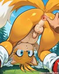 1boy ai_generated anthro anus ass blue_eyes blush boots canine cartoon digital_art erect_penis femboy fingering fingers forest_background fox gloves kinkyfuel looking_back male miles_prower miles_tails_prower mobian_(species) nude outdoor penis sega small_penis solo sonic_(series) sonic_the_hedgehog_(series) tails tails_the_fox