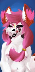 accessory anthro band-aid band-aid_on_face bandage bandage_on_face black_lips black_nose breasts canid canine clothing epic_games eyelashes eyeshadow female fortnite fox fur hair_accessory hi_res inviting kimiko_(fortnite) kimiko_five-tails kitchidrachenblut licking licking_lips lips long_hair looking_at_viewer makeup mammal navel navel_piercing nipple_piercing nipples one_eye_closed open_mouth pattern_clothing piercing pink_eyes pink_hair red_hair scar simple_background slim solo tail teeth tongue tongue_out topwear white_body white_fur wink