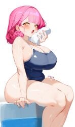 :o arm_at_side blush curvy eden_(shiroki_yuutsu) from_side huge_breasts looking_at_viewer original original_character plump school_swimsuit shortstack sitting swimming_pool thick_thighs towel upper_teeth_only vanilla_(eden_(shiroki_yuutsu)) voluptuous wet wide_hips