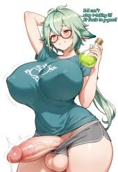 1futa ai_generated big_breasts crying dialogue dick_growth enlarged_breasts experiment futa_only futanari genshin_impact growth hoyoverse hyper_balls hyper_breasts hyper_penis large_penis maos mihoyo penis_growth post_transformation potion shirt shorts smile sucrose_(genshin_impact) surprised thick_thighs transformation veiny_penis wide_hips