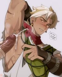 2boys afk_(series) afk_journey arm_behind_back arm_up armpit_sex armpits bandana bandana_around_neck blonde_hair blush brown_eyes chariko commentary cum cum_on_armpits cum_on_body curtained_hair earrings ejaculation english_commentary facial_hair gay gay_male goatee_stubble highres jewelry looking_to_the_side low-cut_armhole maemoooo male male_focus multicolored_hair multiple_boys nipples parted_lips patreon_logo patreon_username pectorals penis piercing presenting_armpit red_bandana scar scar_on_arm scar_on_face shirt short_sideburns sidepec sinbad_(afk) sleeveless sleeveless_shirt solo_focus speech_bubble stubble teeth thought_bubble upper_body veins veiny_penis white_hair yaoi