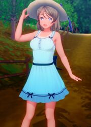 blue_eyes breasts brown_hair female grey_hair large_breasts looking_at_viewer love_live! love_live!_sunshine!! short_hair sun_hat sundress tanned watanabe_you