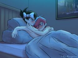 2girls after_sex armpits bed bedroom bedroom_eyes black_hair blue_eyes blush cuddling female grey_eyes hair_ornament heart-shaped_pupils marley_(pokemon) messy_hair multicolored_hair penny_(pokemon) pokemon romantic short_hair