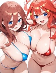 2girls ai_generated big_breasts bikini breasts breasts_bigger_than_head breasts_pressed_against_partner breasts_pressed_together clothed female female_only go-toubun_no_hanayome incest nakano_itsuki nakano_miku sagging_breasts sfw sisters swimsuit yuri