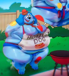 2025 anthro apron ass barnaby_beagle big_ass big_butt black_nose blue_body blue_clothing blue_fur blue_thong blue_underwear bulge canid canine canis clothing domestic_dog english_description english_text fur grill half-closed_eyes hat headgear headwear hi_res hunting_dog male mammal markings narrowed_eyes necktie open_mouth outside overweight overweight_anthro overweight_male red_clothing red_hat red_headwear red_necktie red_spots scent_hound smile solo spots spotted_body spotted_fur standing text text_on_apron text_on_clothing thick_thighs thong trashtoonz underwear welcome_home welcome_home_(puppet_show) yellow_spots
