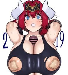@_@ arms_behind_head bandaid bandaids_on_nipples bar_censor blue_eyes breasts bright_pupils censored dated female flying_sweatdrops gen'en_(sioherashi) hair_intakes headdress huge_breasts kuu_fearse nipple_cutout open_mouth original paizuri paizuri_under_clothes pasties penis pointless_censoring pointy_ears red_hair solo_focus sweat white_pupils