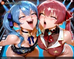 2girls ai_generated ascot asmutcriminal bangs bare_shoulders bent_over black_choker blue_hair blush breasts buttons choker cleavage coat collarbone covered_navel crop_top cropped_jacket eyebrows_visible_through_hair eyepatch frilled_choker frilled_collar gloves hair_between_eyes hair_ornament hair_ribbon hat heavy_breathing heterochromia hololive hoshimachi_suisei houshou_marine jacket jewelry large_breasts leather_belt leotard leotard_under_clothes long_hair looking_at_another medium_hair multiple_girls no_eyepatch no_hat no_headwear off_shoulder open_mouth pirate_hat red_eyes red_hair red_ribbon ribbon saliva sheer_leotard side_ponytail single_thighhigh sleeveless sleeveless_jacket star_(symbol) star_choker star_earrings star_hair_ornament straight sweat tagme teeth thighhighs thighs tongue tongue_out twintails veins vest virtual_youtuber wet yellow_eyes