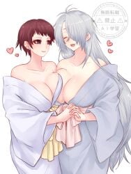 2girls asymmetrical_docking auburn_hair big_breasts breast_press breast_squish brown_eyes canon_couple cleavage ddsn0w fangs gegege_no_kitarou genderswap_(mtf) grey_hair heart holding_hands iwako_(gegege_no_kitarou) kimono kitarou_tanjou_gegege_no_nazo long_hair married_couple medama_oyaji_(human) milf no_bra off_shoulder restrained rule_63 short_hair smile very_long_hair very_short_hair wholesome wife_and_wife wives yuri