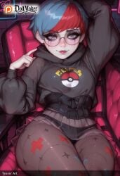 ai_generated armchair bat_print blue_hair couch cushion dollmaker female glasses grey_eyes hood hoodie lips looking_at_viewer multicolored_hair on_couch pantyhose patreon_logo patreon_username penny_(pokemon) pillow pokemon pokemon_sv print_legwear red_hair sitting smile solo star_print streaked_hair tagme two-tone_hair watermark web_address