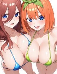 2girls ai_generated big_breasts bikini breasts breasts_bigger_than_head breasts_pressed_against_partner breasts_pressed_together clothed female female_only go-toubun_no_hanayome incest nakano_miku nakano_yotsuba sagging_breasts sfw sisters swimsuit yuri