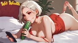 2d 2d_(artwork) ai_generated ass big_ass blonde_hair blowjob breasts cucumber female mobile_game nutaku pantyhose sexy stockings video_game_character wet_wealth wetwealth