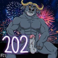 1:1 2021 3_fingers abs anthro balls black_nipples blue_body blue_fur buffalo chief_bogo closed_smile digital_drawing_(artwork) digital_media_(artwork) disney eyebrows fabfelipe fingers fireworks fur genitals hand_on_leg hand_on_own_leg hand_on_own_thigh hand_on_thigh hi_res holidays hooves horn humanoid_genitalia humanoid_penis looking_at_viewer male male_only mouth_closed muscular muscular_anthro muscular_male new_year new_year_2021 nipples nude_anthro nude_male pecs penis smile solo vein veiny_penis zootopia