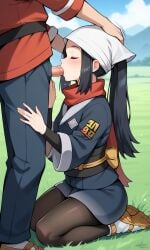 1boy 1girls adult_female ai_generated akari_(pokemon) black_hair blowjob blush closed_eyes female hand_on_head headpat japanese_clothes leggings long_hair motion_lines ndsilver059 oral oral_penetration oral_sex outdoor_sex outdoors penis pokemon pokemon_legends:_arceus ponytail sex sidelocks small_breasts straight straight_sex tagme