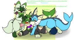 2024 ambiguous_gender anthro anthro_on_feral artist_logo artist_name biped blue_body blue_eyes blue_markings blush bodily_fluids clothed clothing collar colored cum cum_in_mouth cum_inside dialogue dipstick_ears dorsal_frill ear_frill ear_markings eeveelution english_text erection facial_markings fellatio feral feral_on_feral frill_(anatomy) fur fur_growth generation_1_pokemon generation_9_pokemon genital_fluids genitals green_body green_ear_tips green_eyes green_fur green_markings group group_sex growth head_crest head_frill head_markings hi_res human_to_feral humping hybrid leg_markings logo lying male male/ambiguous markings mask_(marking) mid_transformation motion_lines multicolored_ears neck_frill nintendo nude on_front open_mouth open_smile oral pawpads paws penile penis pink_pawpads pokemon pokemon_(species) pomiart quadruped sex smile snout socks_(marking) species_transformation sprigatito standing tail tail_frill tail_growth tail_motion text threesome torn_clothing transformation transformation_through_sex trio vaporeon zoophilia