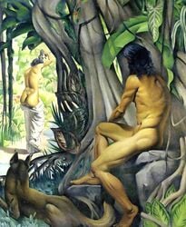 andre_le_moigne casual clothing dark_skin female human literature male mowgli nipples nudist oil_painting tagme the_jungle_book unknown_artist