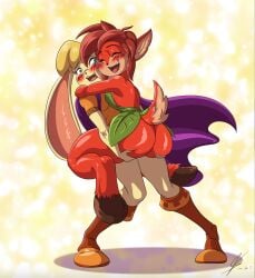 2023 activision anthro ass bianca_(spyro) blue_eyes blush brown_body brown_fur brown_hair carrying_another closed_eyes clothed clothing deer digital_media_(artwork) duo elora eyebrows eyelashes faun_(spyro) female fingers footwear fur glistening glistening_butt hand_on_ass hi_res hooves lagomorph leaf_clothing leporid looking_at_viewer mammal open_mouth rabbit souleatersaku90 spyro_the_dragon tan_body tan_fur