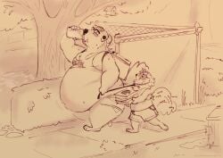 admiring anthro belly big_belly blush bodily_fluids bottle bottomwear canid canine canis clothing collar container digital_media_(artwork) domestic_dog duo ear_piercing english_text eyewear flesh_tunnel food fur glasses hair leash leash_pull male male/male mammal muzzledmammal navel overweight overweight_anthro overweight_male piercing pizza pizza_box public shorts sidewalk smile sweat sweatdrop tail tail_motion tailwag text tobi_(muzzledmammal) trans_(lore) walking water water_bottle wobbling