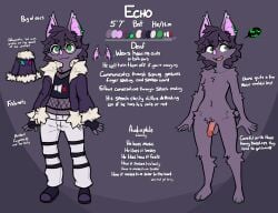 anthro balls bat clothed clothing eyewear front_view fur genitals glasses green_eyes hair hi_res mammal mewgle model_sheet nude open_mouth penis pronouns purple_body purple_fur purple_hair solo standing teeth tongue