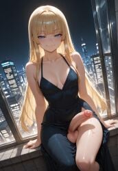 1futa ai_generated balls big_penis black_dress blonde_hair blue_eyes breasts cleavage cum dress dress_aside erection futa_only futanari hime_cut hime_girl_(jamesbron) intersex jamesbron large_penis long_hair looking_at_viewer night no_panties penis precum precum_drip sitting small_breasts smug solo solo_futa thighs wide_hips window