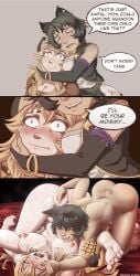 2girls animal_ears big_breasts blonde_hair blush cat_ears catgirl dark_hair dialogue english_text faunus female fingering girlfriends_mother human kali_belladonna milf mother_and_daughter's_girlfriend multiple_girls nameless_shitbug orgasm pale_skin prosthetic prosthetic_arm robotic_arm rwby tan yang_xiao_long yellow_eyes yuri