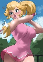 1girls bare_shoulders big_breasts blonde_hair blue_eyes blush breasts crown day dress earrings echosaber female female_only gloves heart high_ponytail jewelry lips lipstick long_hair mario_(series) mario_tennis mini_crown minidress nintendo pink_dress pink_lipstick ponytail princess_peach racket serious_look short_dress sky solo sports_dress sportswear sweat teeth tennis_racket tennis_uniform tied_hair