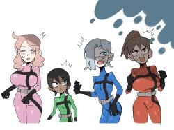 4girls alternate_breast_size blue_(tabasuko) blue_bodysuit bodysuit genderswap_(mtf) green_(tabasuko) green_bodysuit pink_(tabasuko) pink_bodysuit red_(tabasuko) red_bodysuit rule_63 tabasuko_(artist) tagme