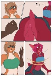 alcohol anthro anus arms_tied ass bat belly bent_over beverage big_breasts bottomwear bound bowl breasts brown_body brown_fur brown_hair chatting clothed clothing collar comic container crossdressing cup demon digital_media_(artwork) drinking drinking_glass duo facial_markings female femboy food fruit fur furniture futanari glass glass_container glass_cup green_eyes hair head_markings herm hi_res horn hybrid intersex intersex/male kullax licking licking_lips magic magic_user male male/female mammal markings mask_(marking) narusewolf pink_body pink_fur pink_hair plant procyonid raccoon rear_view red_eyes runa_ravnsdal shirt short_hair sitting skirt slightly_chubby slim smile sofa strawberry tail talking_to_another tank_top tongue tongue_out topwear whistling wine wine_glass
