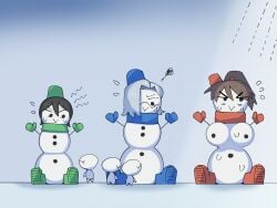 3girls blue_(tabasuko) genderswap_(mtf) green_(tabasuko) red_(tabasuko) rule_63 snowman tabasuko_(artist) tagme transformation