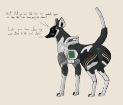 anal_invitation anal_request anus archangel_(destiny) archangel_hot_(artist) ass balls destiny_2 feral genitals imminent_bestiality looking_at_viewer male presenting presenting_hindquarters raised_tail robotic solo tail text