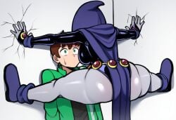 1boy 1girls against_wall ass ben_10 brown_hair clothed_female clothed_male cornered cracked_wall crossover digital_art green_eyes green_jacket legs_spread raven_(dc) sweatdrop thebenravenagenda thighs