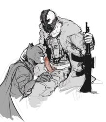 2boys bane batman batman_(series) bruce_wayne cowl dc_comics erection forced_fellatio forced_oral gas_mask gay gun holding_weapon imminent_penetration kneeling_oral_position legs_held_open male male_only monochrome pants_open penis penis_out precum_bubble the_dark_knight_rises weapon yaoi