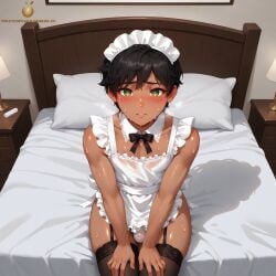 ai_generated blush blush blushing_at_viewer bowtie brown_hair bulge bulge_through_clothing crossdressing cute dark-skinned_male dark_skin effeminate embarrassed embarrassed_expression femboy feminine_male freckles freckles_on_face garter_belt garter_straps green_eyes lace-trimmed_thighhighs lace_trim maid maid_apron maid_headdress maid_outfit maid_uniform male male_only necktie oscar_pine otoko_no_ko otokonoko panties pose posing rwby shy sitting small_penis stockings sweat sweatdrop sweating sweaty tagme tan_body tan_skin thigh_highs thighhighs timid tomgirl twistedpeach
