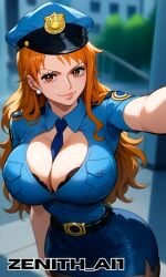 ai_generated large_ass large_breasts nami_(one_piece) naughty_face one_piece open_topwear police_hat police_uniform policewoman wide_hips zenithai