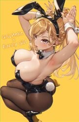 1girls absurdres animal_ear_hairband animal_ears armpits ass black_bow black_bowtie black_leotard black_pantyhose black_shoes blonde_hair blush bow bowtie braid braided_bangs breasts bunny_day cleavage colored_shoe_soles commentary_request detached_collar fake_animal_ears fake_tail from_above from_side galholic hairband high_heels highres large_breasts leotard looking_at_viewer nail_polish nanaho_(galholic) open_mouth pantyhose playboy_bunny ponytail pumps rabbit_ear_hairband rabbit_ears rabbit_pose rabbit_tail red_nails seiza shashaki shoe_soles shoes simple_background sitting solo star_(symbol) strapless strapless_leotard tail very_long_fingernails white_wrist_cuffs wrist_cuffs yellow_background yellow_eyes