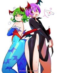2girls ass ass_to_ass bat_print blue_pantyhose blush breasts capcom clothes_swap cosplay costume_switch crossover darkstalkers dress female female_only green_eyes green_hair head_wings hi_res leotard lilith_aensland lilith_aensland_(cosplay) multiple_girls no_panties no_panties_under_dress one-punch_man outfit_swap pantyhose purple_hair red_eyes small_breasts snegovski succubus succubus_wings tatsumaki tatsumaki_(cosplay) thick_ass thick_thighs trait_connection white_background wings