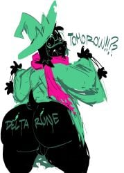 2025 4_fingers anthro ass backsack balls big_butt black_body black_fur bovid caprine clothing deltarune english_text exclamation_point eyewear fingers fur gat0pussy24 genitals glasses goat green_clothing green_robe hat headgear headwear hi_res looking_back male mammal meme motion_lines open_mouth pink_scarf question_mark ralsei rear_view robe round_glasses scarf simple_background small_tail solo tail text text_on_body thick_tail undertale_(series) white_background wizard_hat