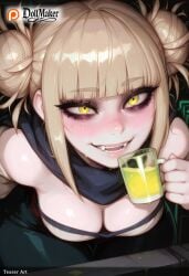 ai_generated alcohol artist_name bangs beer beer_mug black_scarf blonde_hair blunt_bangs blush breasts cleavage cup dollmaker dollmaker_(artist) double_bun drinking_glass drinking_straw eyebrows_visible_through_hair fangs female from_above glass hair_bun holding holding_cup ice_cube looking_at_viewer patreon_username scarf smile solo tagme teeth toga_himiko watermark web_address yellow_eyes