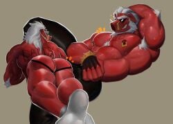 male male_only bara muscles muscular barazoku furry anthro zenless_zone_zero big_daddy_(zenless_zone_zero) sus_(pig) suina facial_hair beard tusks sunglasses white_hair red_skin solo solo_male arctavius feet socks jockstrap ass lying_on_stomach tattoo nipple_piercing armpit armpit_hair shirtless sweat sweating