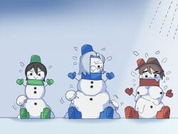 3girls blue_(tabasuko) body_modification female genderswap_(mtf) green_(tabasuko) red_(tabasuko) rule_63 snowman tabasuko_(artist) tagme transformation