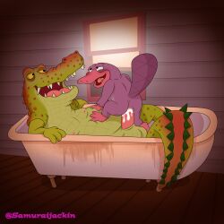 a_very_barry_christmas absurd_res anal anal_orgasm anal_sex anthro anus ass balls bathroom_sex bathtub beaver_tail black_eyes bodily_fluids bumps crocodile crocodilian cum cum_in_ass cum_inside cumshot detailed_background duck_bill duo ejaculation erection genital_fluids genitals green_body green_skin half-closed_eyes hands-free hi_res highlights_(coloring) in_bath looking_pleasured male male/male mammal monotreme narrowed_eyes nigel_(a_very_barry_christmas) nipples on_top open_mouth orange_highlights orgasm orgasm_face outside outside_sex penetration penile penile_penetration penis penis_in_ass platypus public public_sex purple_body raised_tail reptile samuraijackin scales scalie sex sharp_teeth signature spread_legs spreading tail teeth tongue walter_(a_very_barry_christmas) white_sclera window window_light yellow_sclera