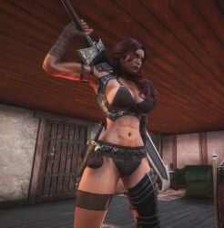 1girls 3d bikini binjib black_bikini conan_exiles mod muscular muscular_female red_hair solo sword warrior_woman weapon